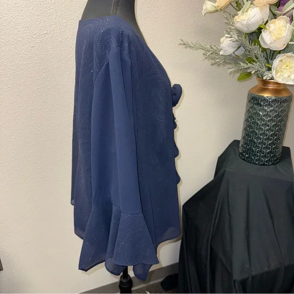 Dana Kay Navy Sheer Ruffle Blouse Rosette Front 3/4 Sleeve Plus 24W - Picture 4 of 7